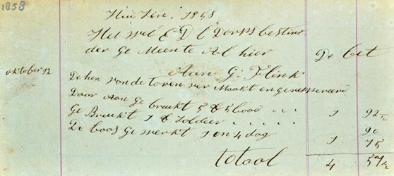 <p>Rekening uit 1858, ontvangen door het dorpsbestuur voor het repareren van de haan op de kerktoren. (Stads- en Streekarchief Naarden). </p>
